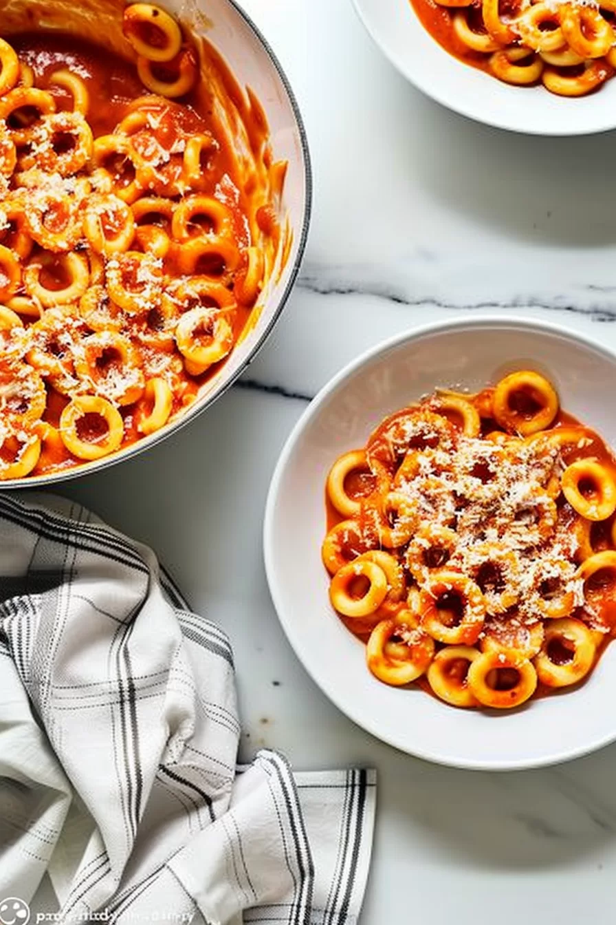 Overhead view of a plate of homemade spaghettios garnished with shredded cheese.