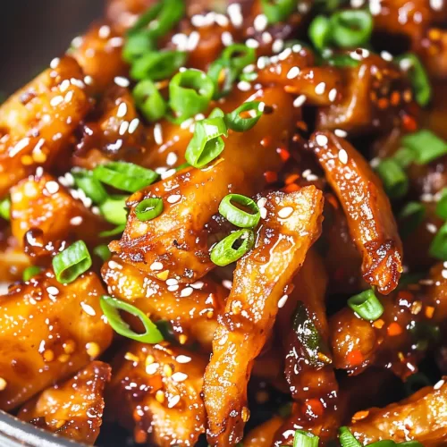 Close-up shot of golden-brown honey chilli potatoes garnished with sesame seeds and finely chopped scallions for a pop of color.