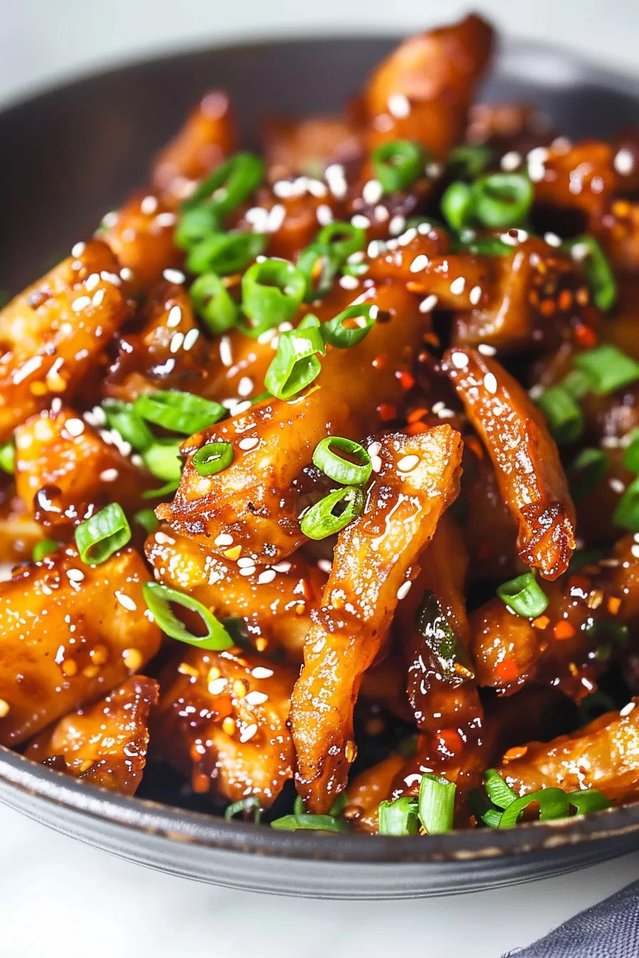 Close-up shot of golden-brown honey chilli potatoes garnished with sesame seeds and finely chopped scallions for a pop of color.