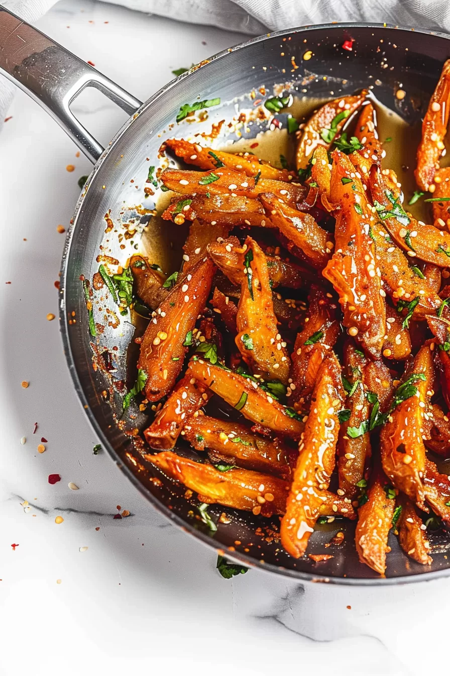 Crispy potato wedges coated in a glossy honey chilli sauce, sprinkled with sesame seeds and fresh green onions.