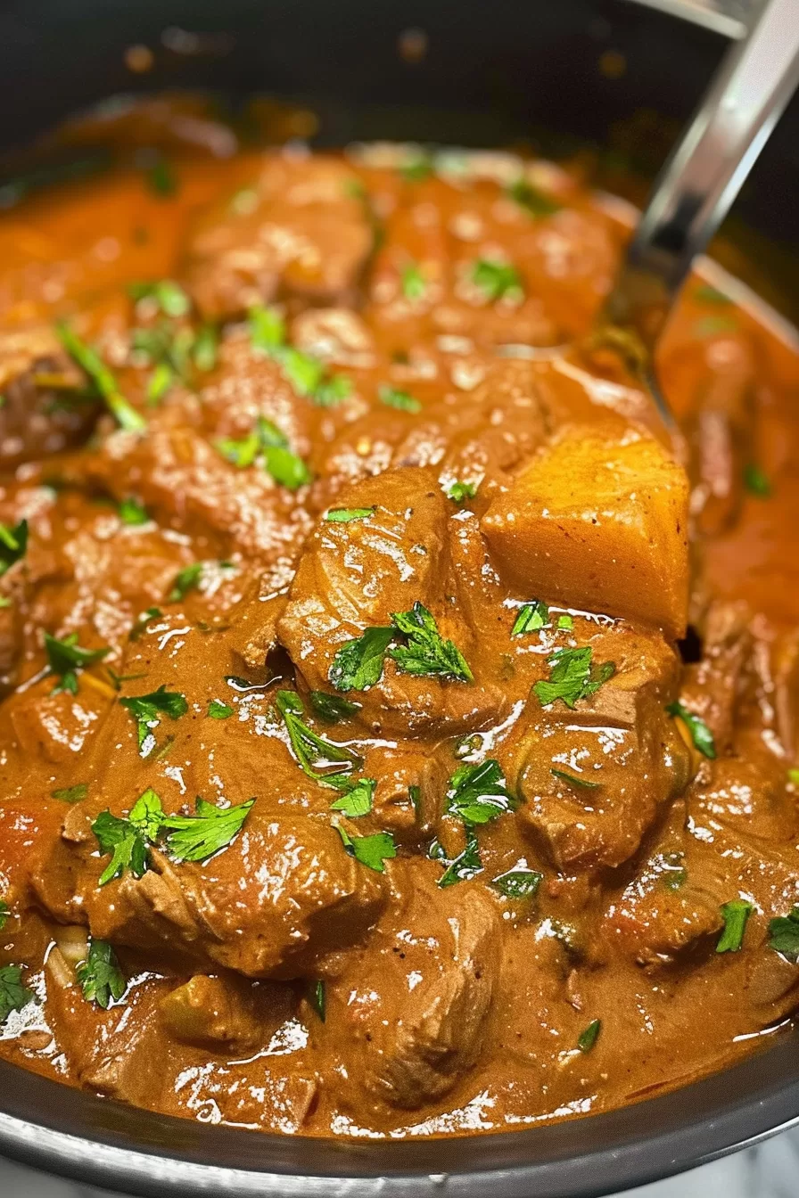 Tender chunks of beef simmered in a rich, spiced curry sauce, garnished with fresh herbs.