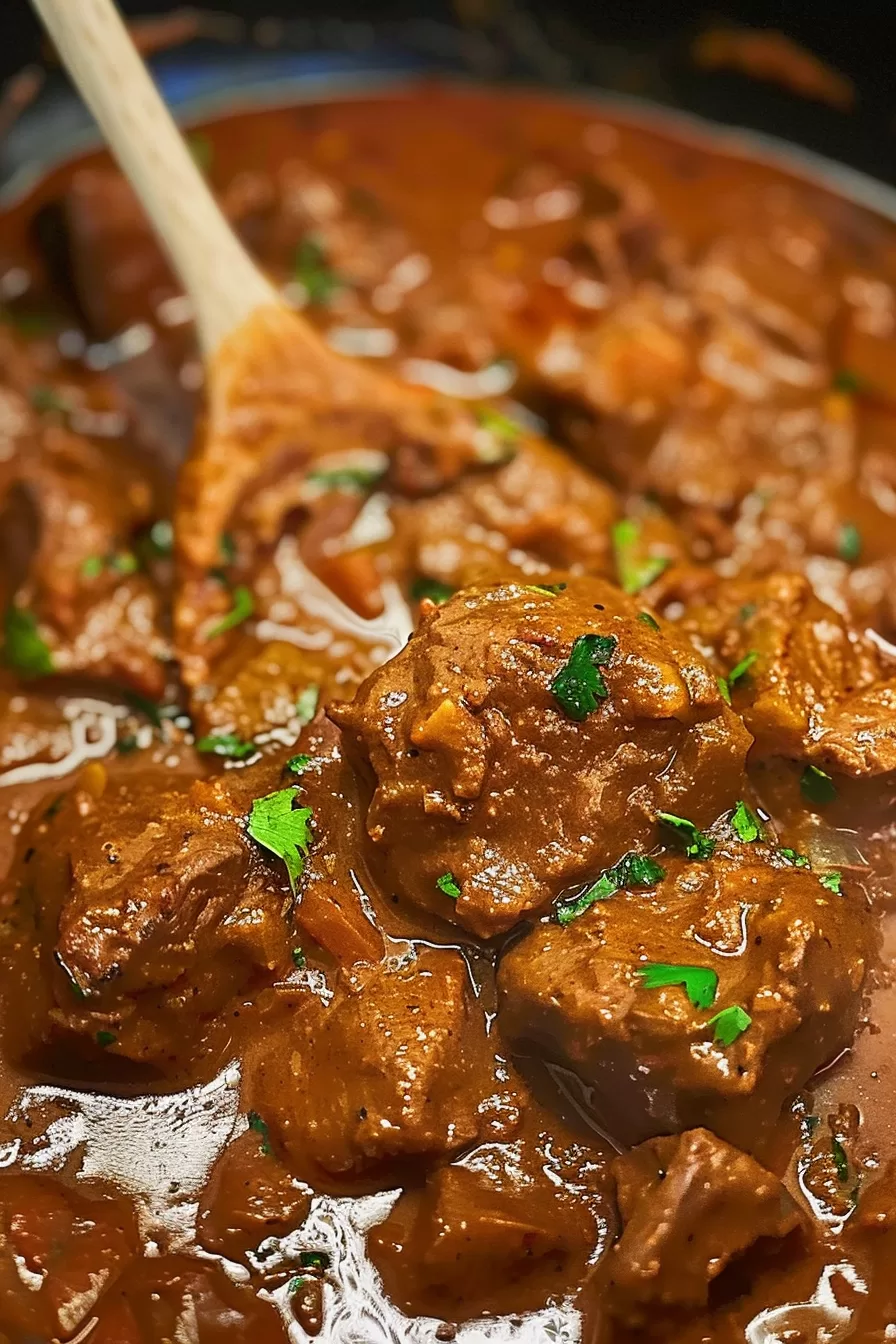 A pot of beef curry with a wooden spoon lifting a piece of tender beef, coated in a velvety sauce.