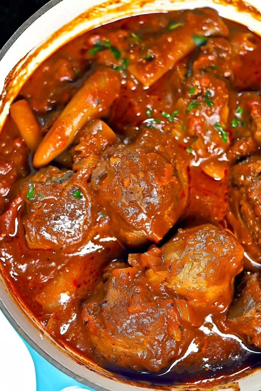 A hearty Italian Sunday Gravy served with pasta, garnished with fresh basil leaves on a white plate.