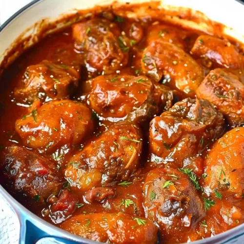 Chunks of beef, sausages, and meatballs submerged in a deep red tomato gravy, sprinkled with herbs.