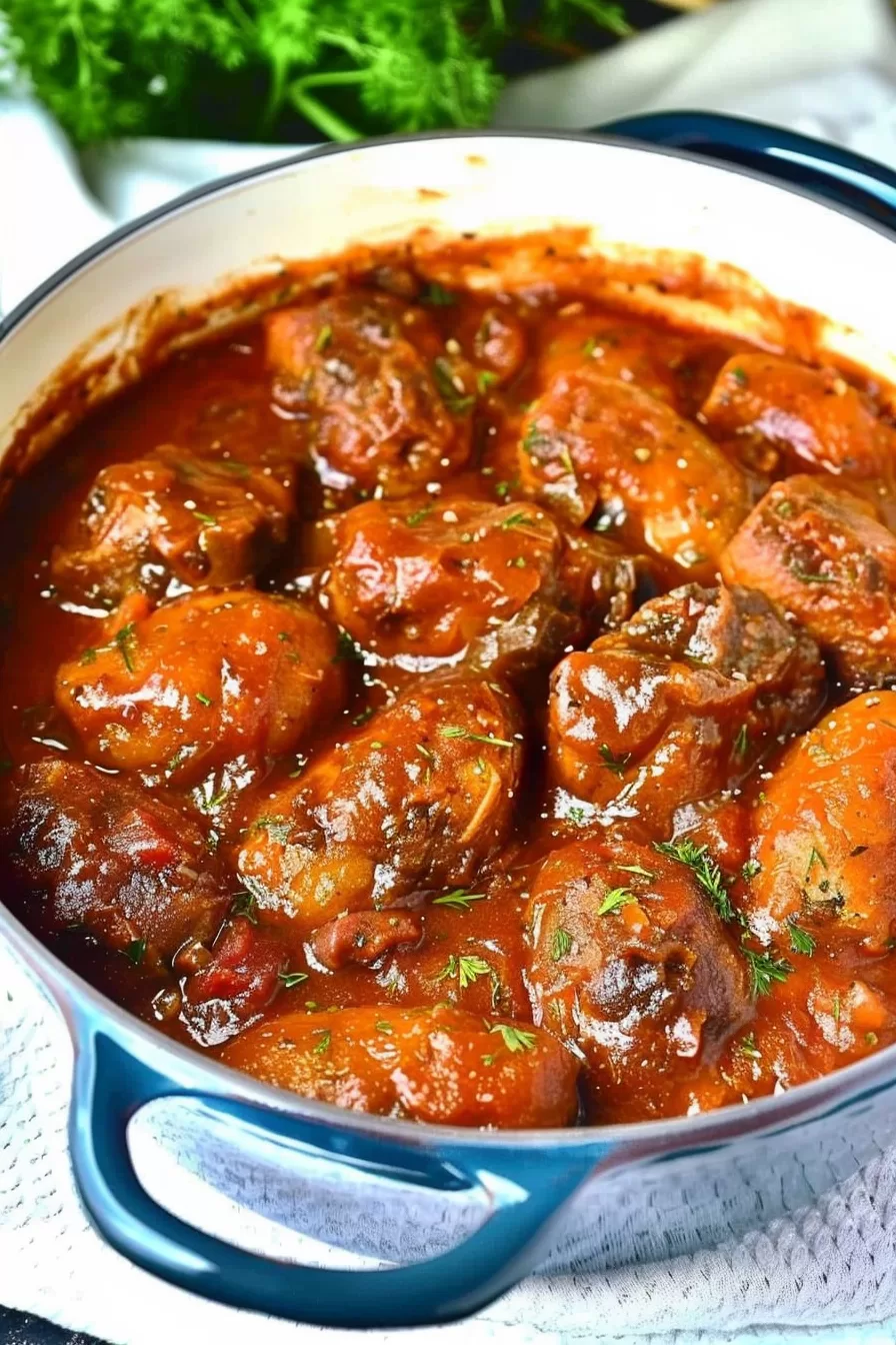 Chunks of beef, sausages, and meatballs submerged in a deep red tomato gravy, sprinkled with herbs.