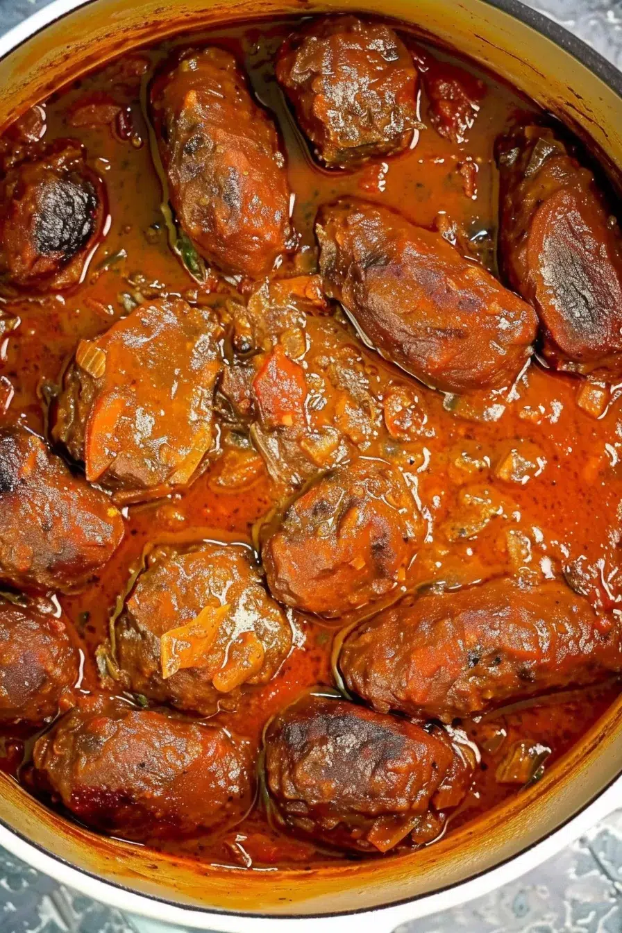 An inviting pot of Italian Sunday Gravy with a vibrant, glossy tomato sauce bubbling gently.