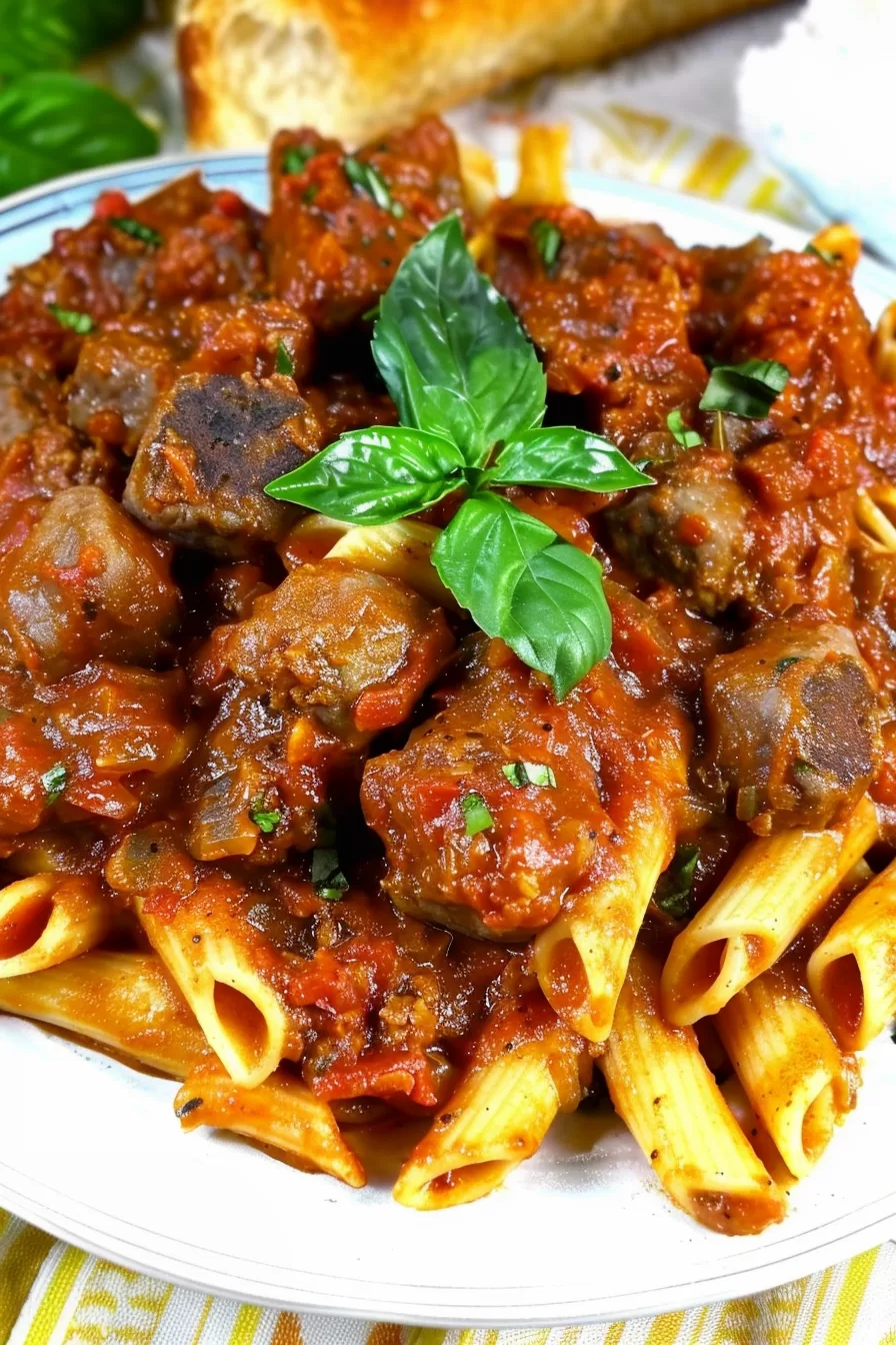 A plate of penne pasta drenched in Italian Sunday Gravy, accompanied by crusty bread and a leafy garnish.