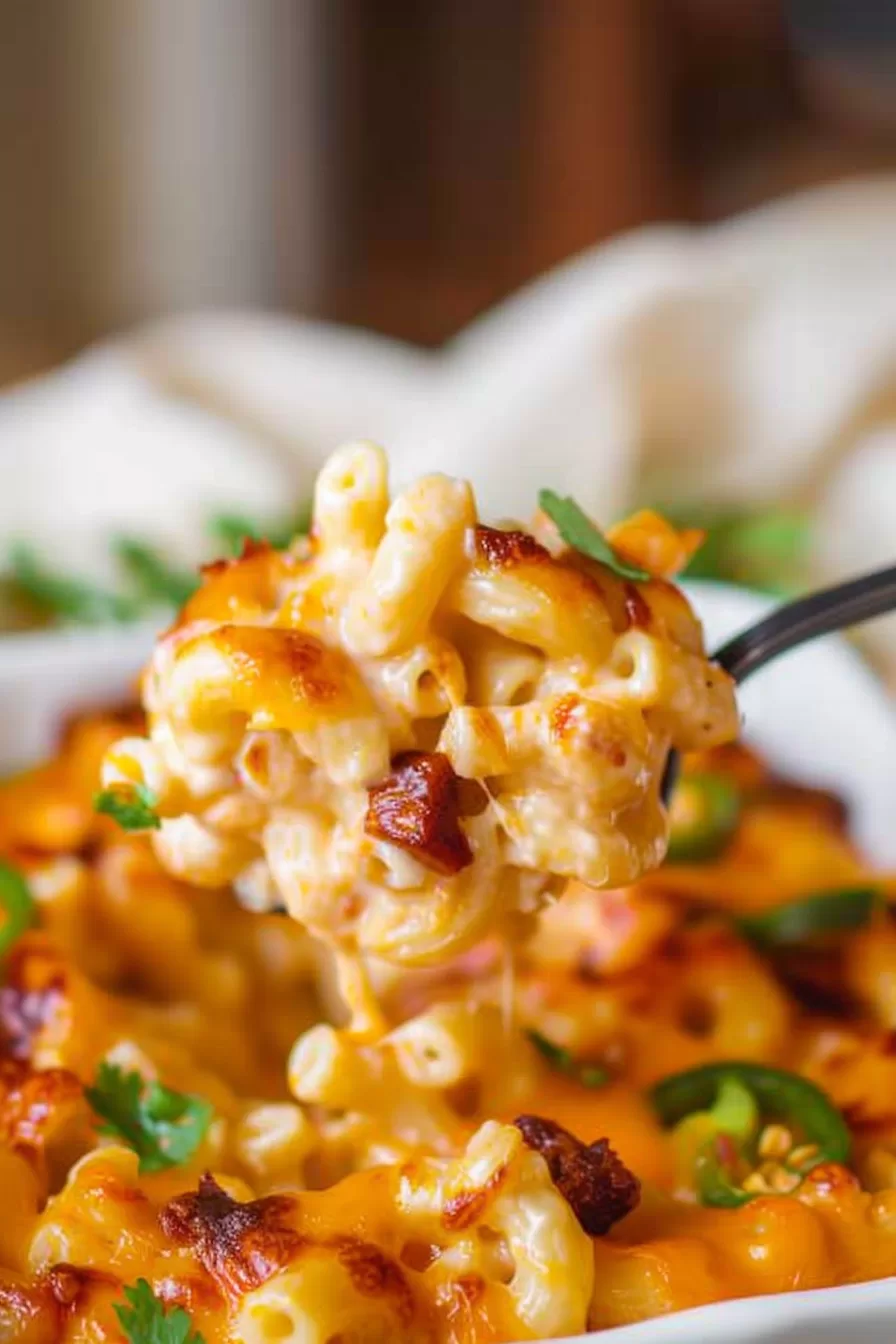 A spoonful of cheesy macaroni being lifted from a baking dish, showing gooey cheddar and spicy jalapeño slices.