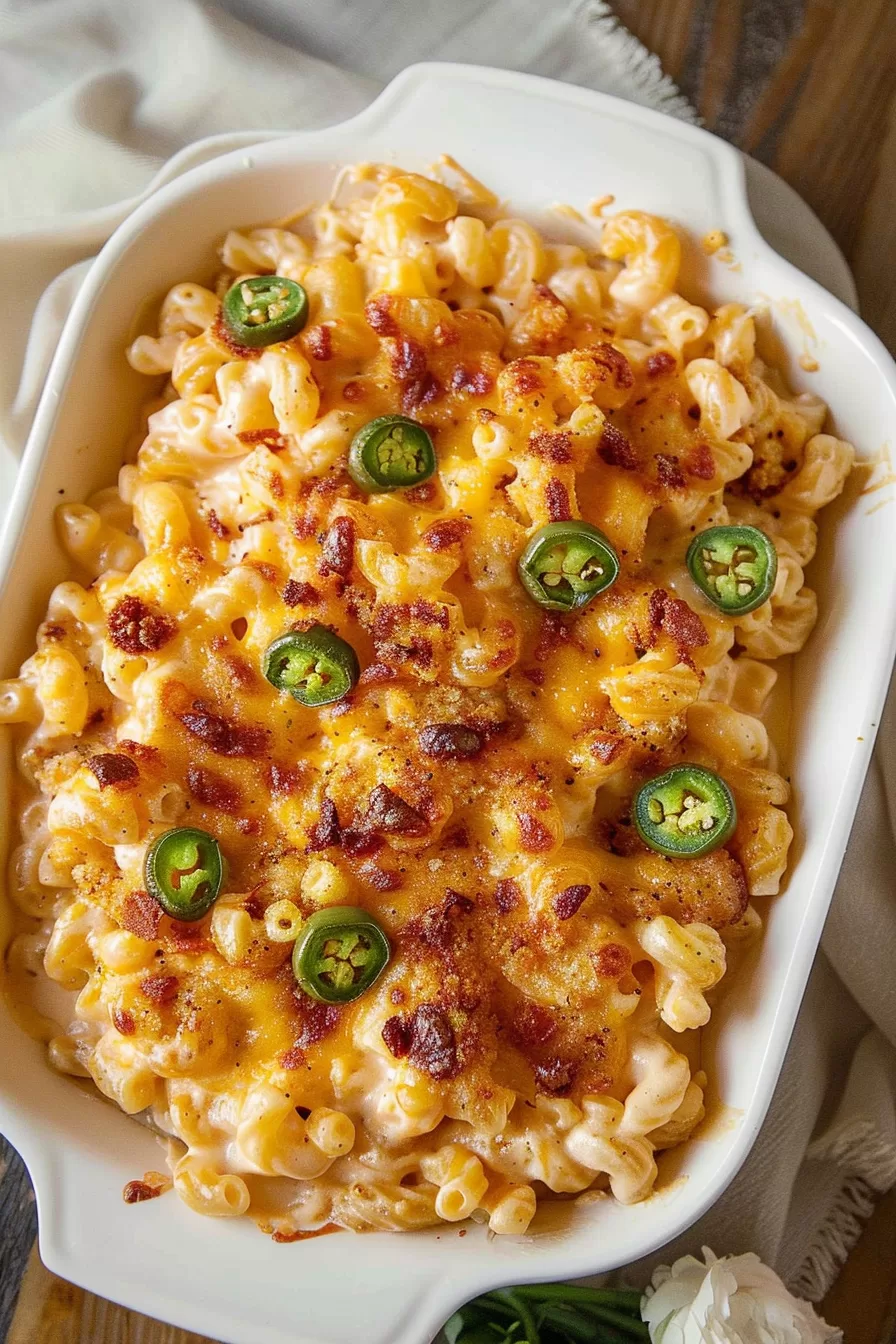 A close-up of creamy macaroni and cheese with melted cheddar, crispy bacon bits, and sliced jalapeños, served in a white casserole dish.