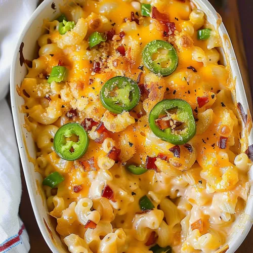 A freshly baked macaroni and cheese casserole topped with golden brown cheddar, crispy bacon, and sliced jalapeños.