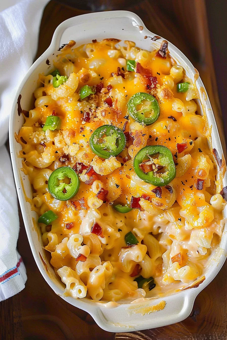 A freshly baked macaroni and cheese casserole topped with golden brown cheddar, crispy bacon, and sliced jalapeños.