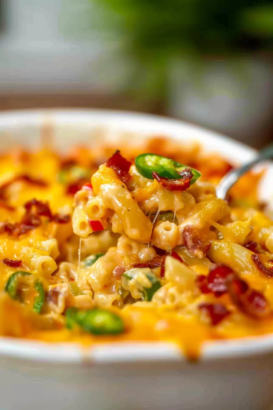 A serving of jalapeño mac and cheese with a golden crust, garnished with melted cheese, bacon crumbles, and jalapeño rounds.