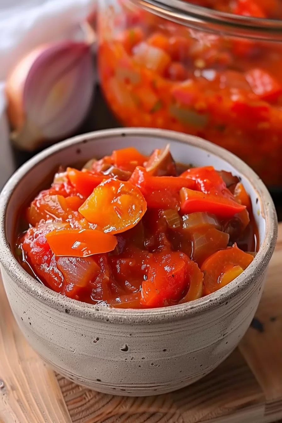 Close-up of a hearty serving of Lecho, highlighting the juicy, colorful vegetables and savory tomato sauce.