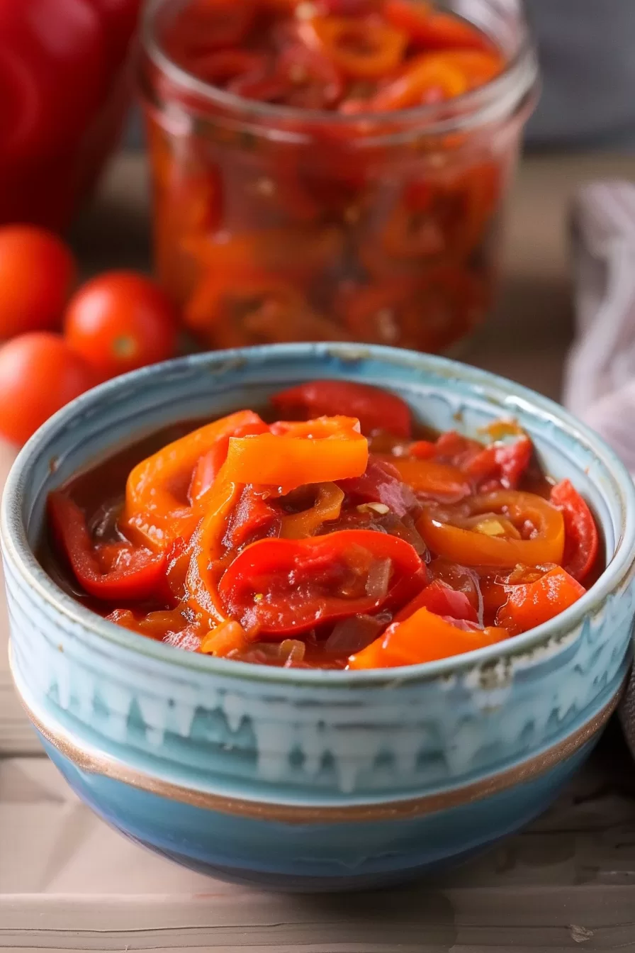 A rustic bowl filled with vibrant Lecho, showcasing tender bell peppers, tomatoes, and onions in a rich stew.