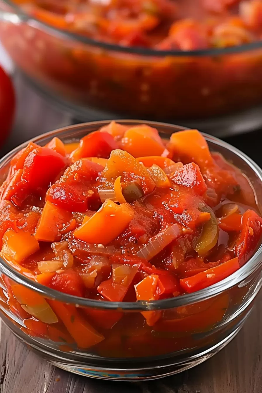 Brightly colored Lecho served in a glass bowl, with its glossy, rich sauce and tender vegetables on display.