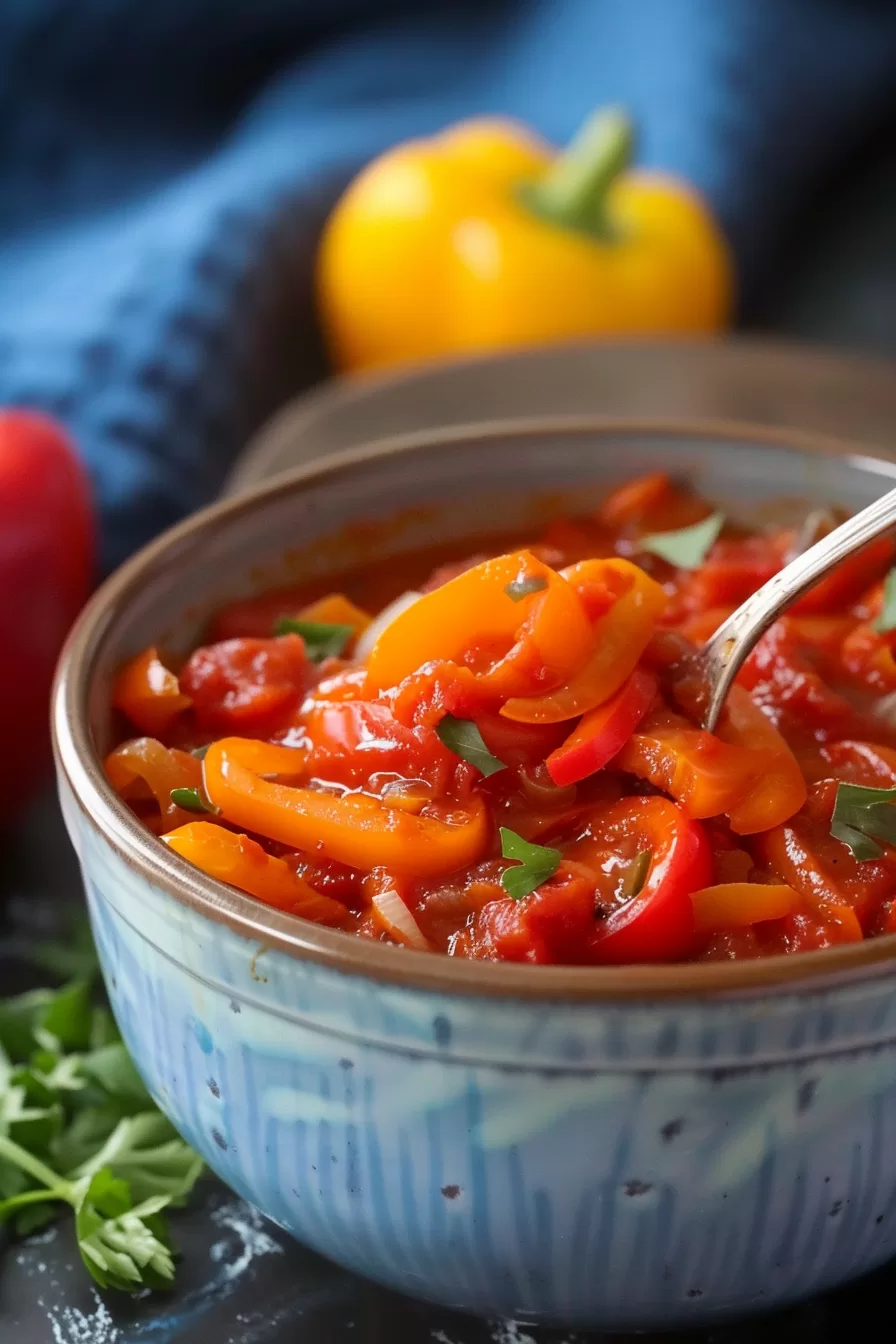 A ceramic bowl of Lecho, paired with fresh tomatoes and onions in the background, evoking homemade comfort.