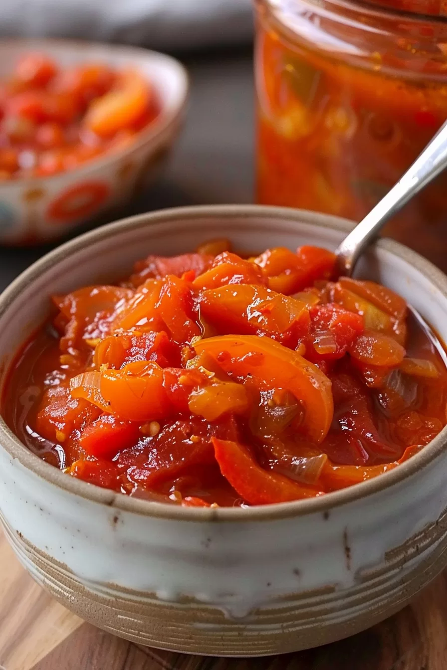 A spoon dipping into a bowl of steaming Lecho, emphasizing the vibrant bell peppers and rich tomato flavor.