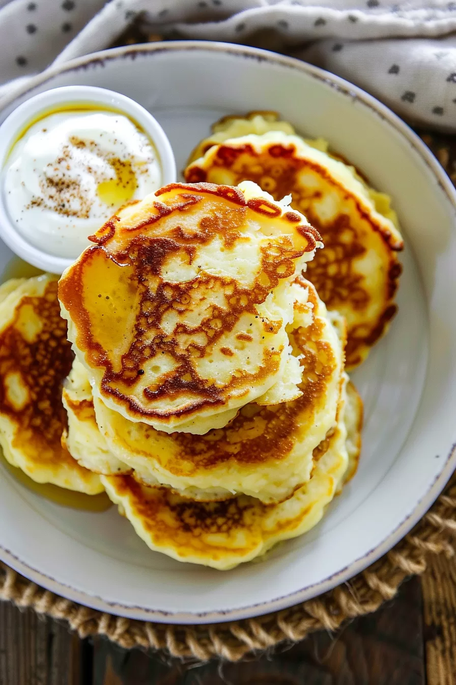 Golden brown mashed potato pancakes stacked on a plate, served with a side of creamy sour cream for dipping.