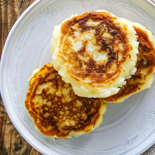 Close-up shot of fluffy mashed potato pancakes with a crispy exterior, ready to be enjoyed.