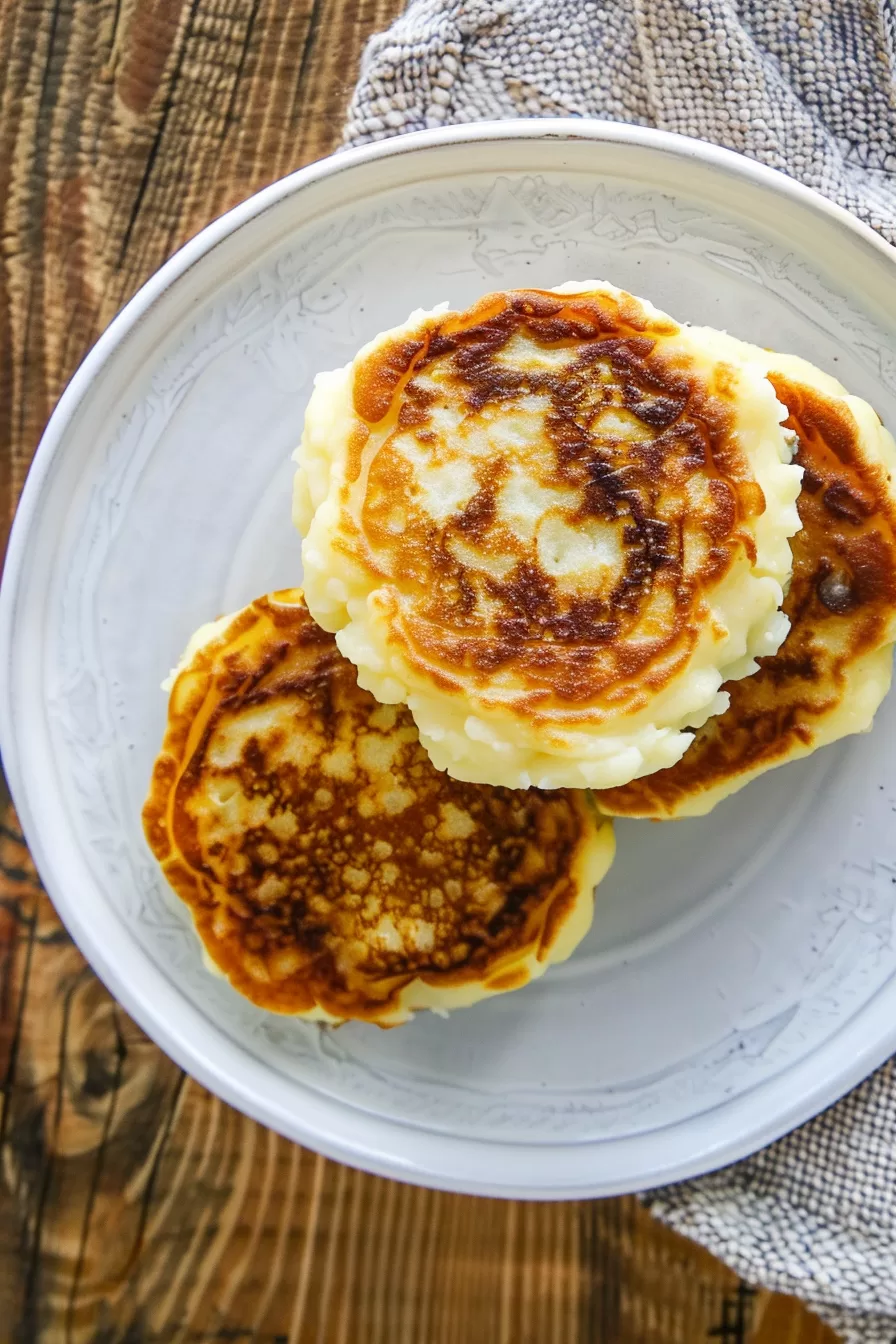 Close-up shot of fluffy mashed potato pancakes with a crispy exterior, ready to be enjoyed.