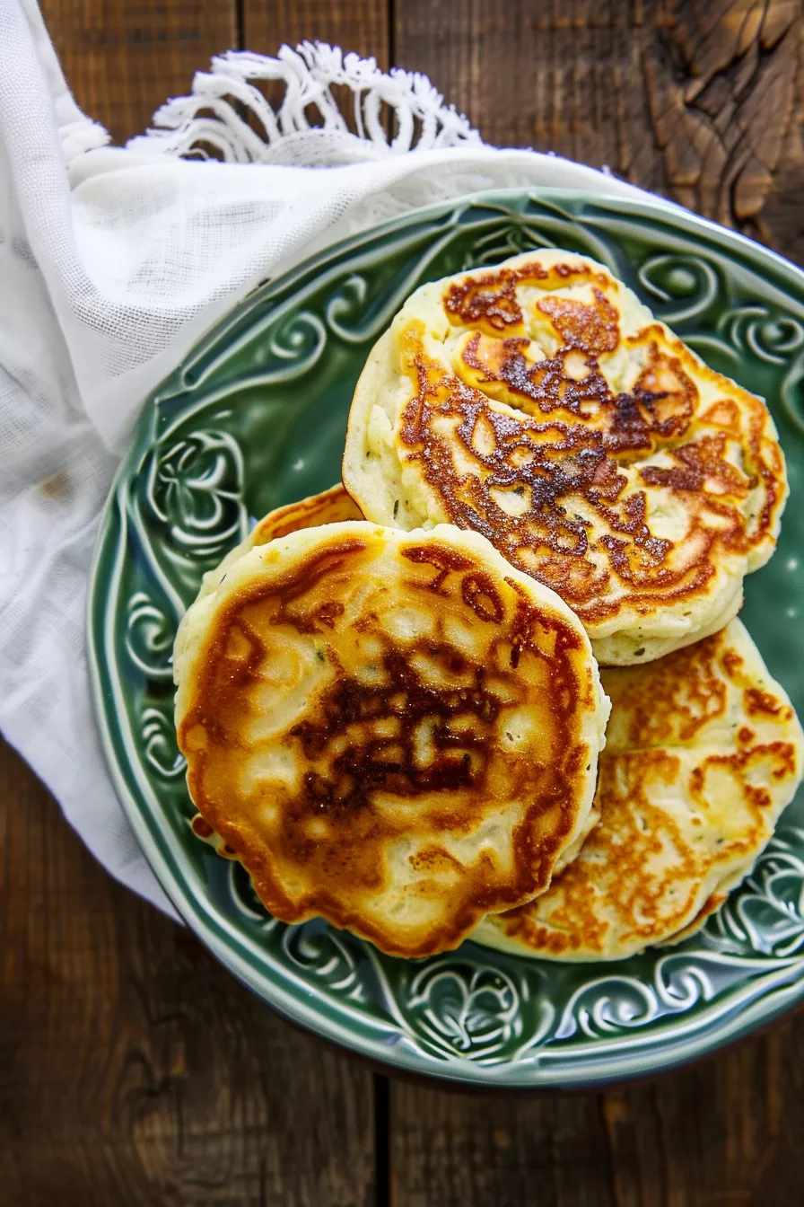 Crispy leftover mashed potato pancakes with a perfectly golden crust, served on a rustic ceramic plate.