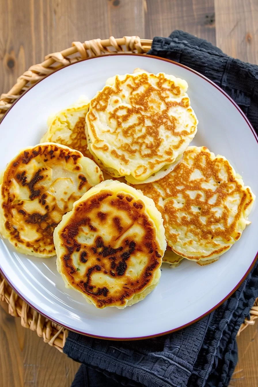 Perfectly cooked mashed potato pancakes with a golden crust on a cozy wooden table.