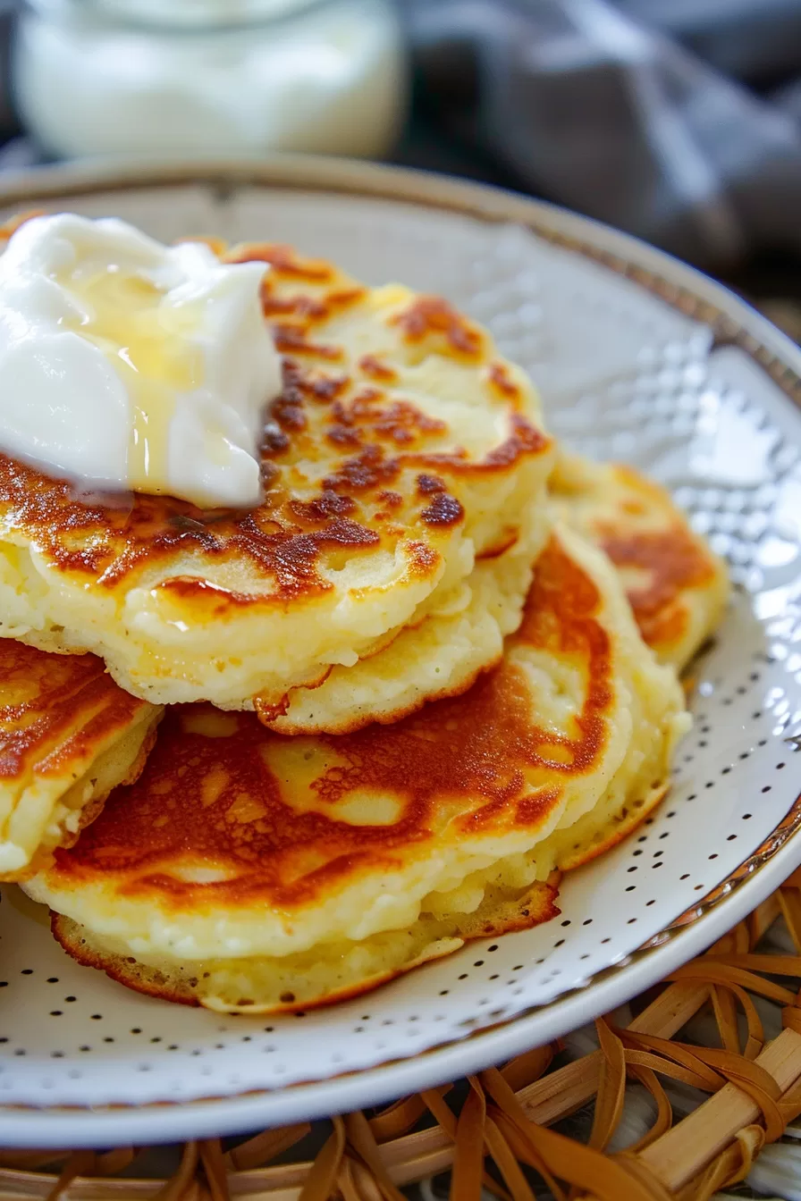 A stack of homemade mashed potato pancakes with a dollop of sour cream, garnished with black pepper.