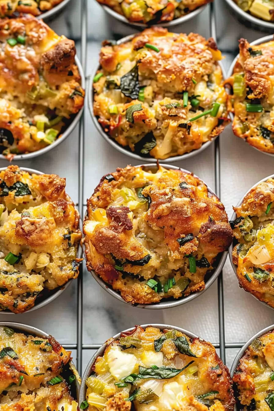 Golden brown stuffing muffins fresh from the oven, filled with herbs and vegetables, cooling on a wire rack.