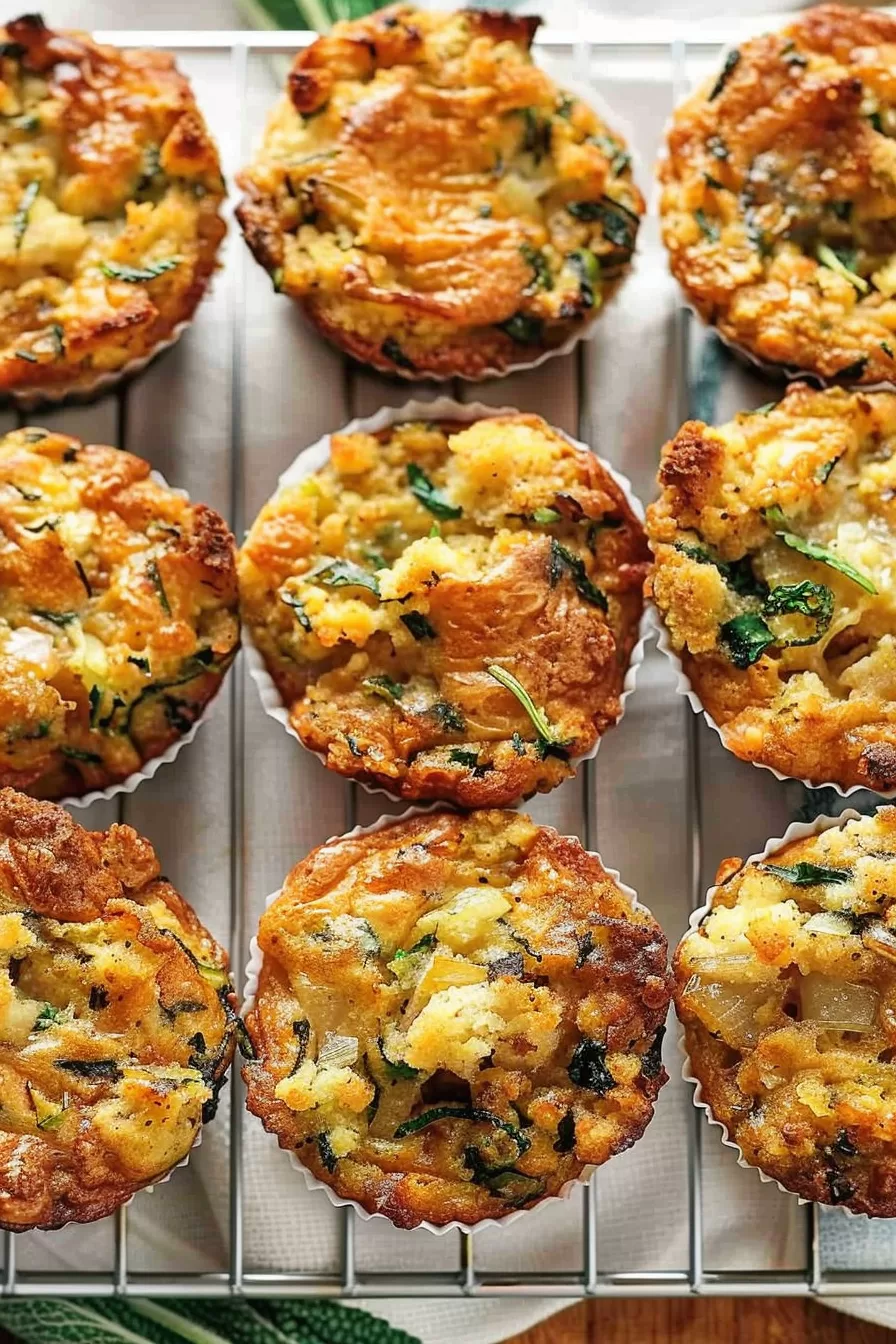 Close-up of homemade stuffing muffins with crispy edges and a fluffy center, perfect for using up holiday leftovers.