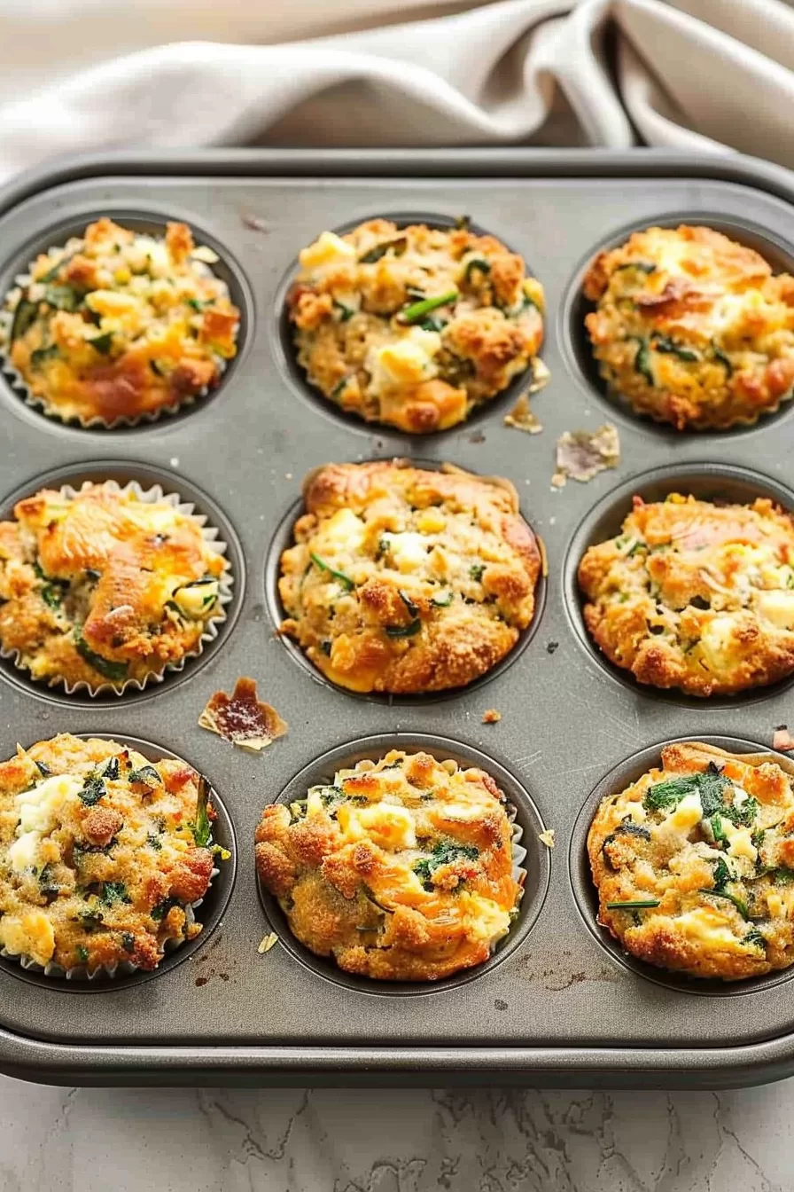 Stuffing muffins packed with herbs, celery, and melted cheese, baked to perfection in a muffin tin.