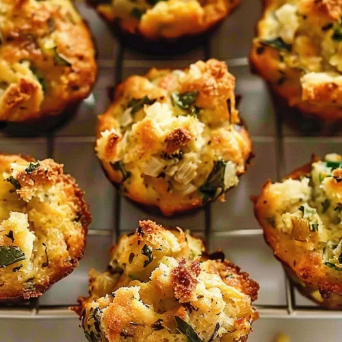 Individual stuffing muffins with crispy, golden tops and bits of melted cheese, perfect for a cozy holiday side dish.