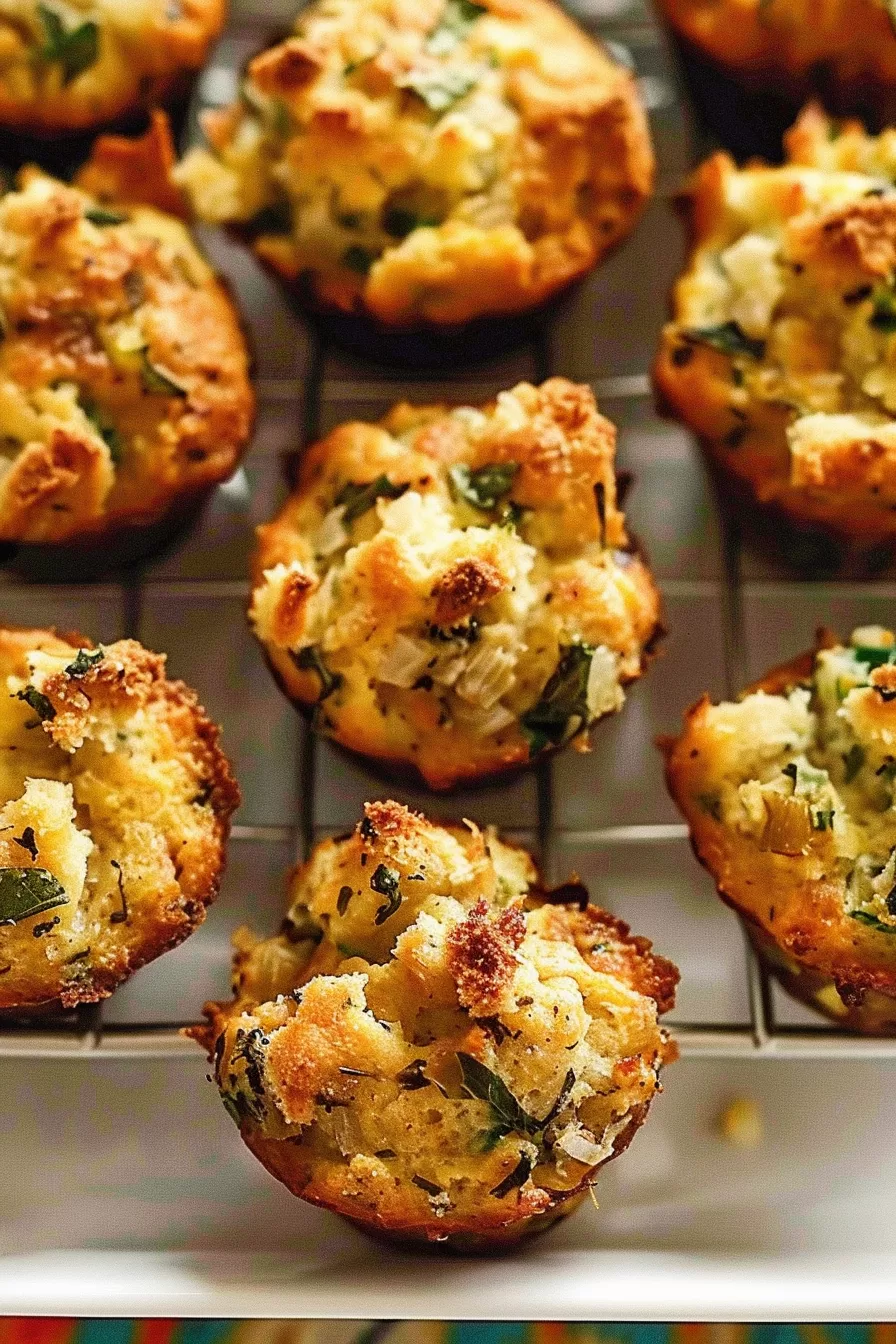 Individual stuffing muffins with crispy, golden tops and bits of melted cheese, perfect for a cozy holiday side dish.