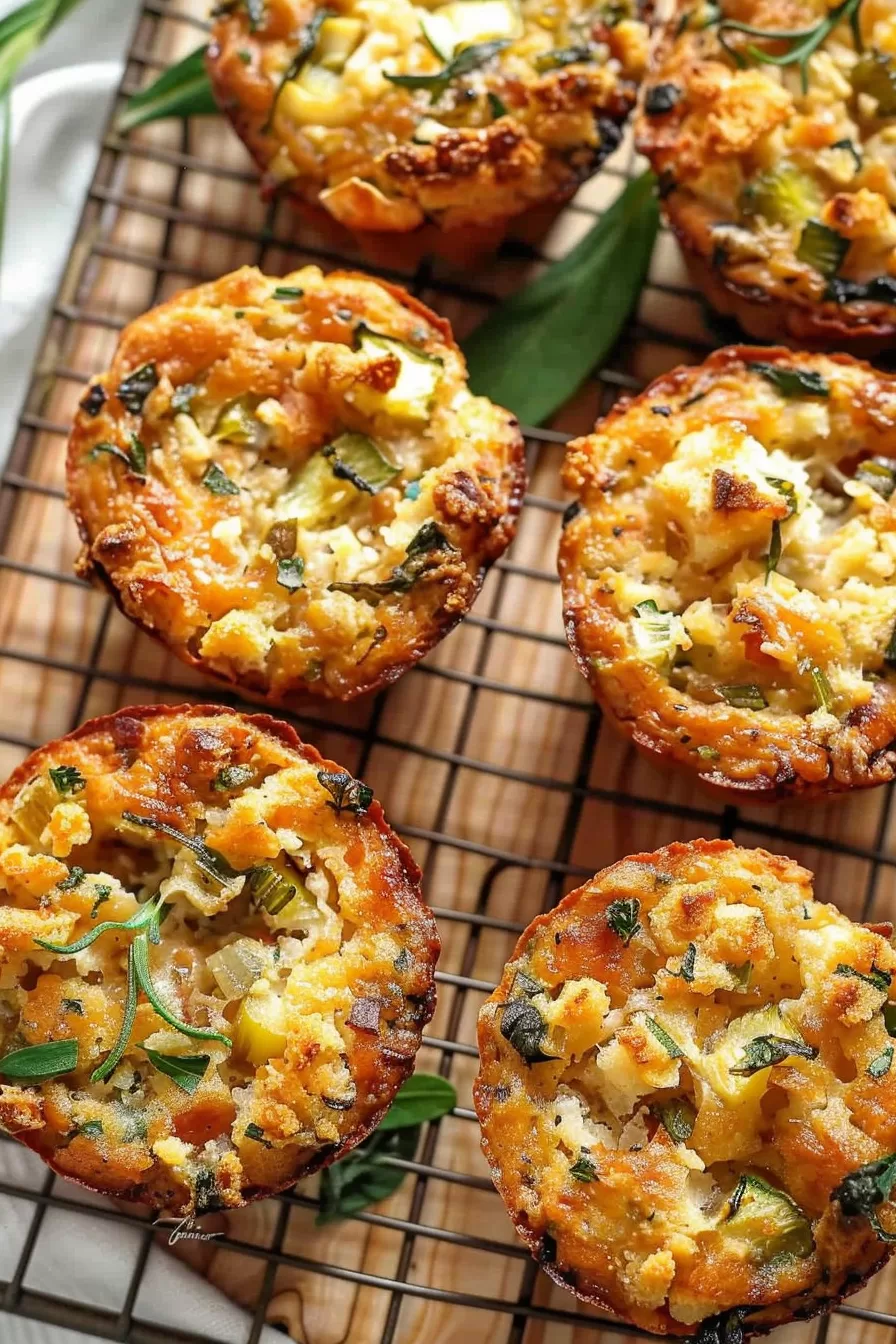 Freshly baked savory stuffing muffins, topped with green herbs, arranged beautifully on a cooling rack.