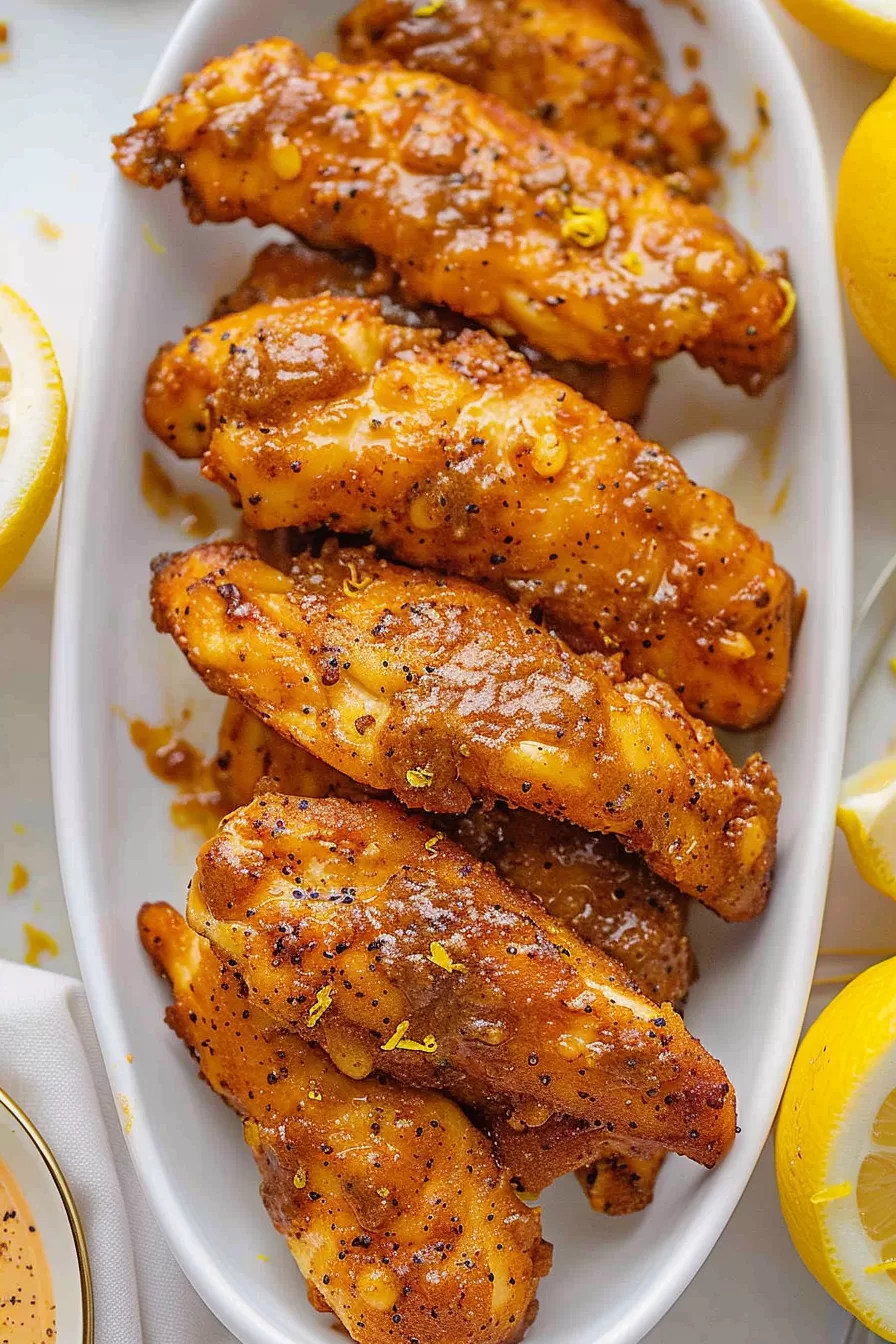 Close-up of crispy lemon pepper chicken tenders served on a white plate with lemon wedges on the side.