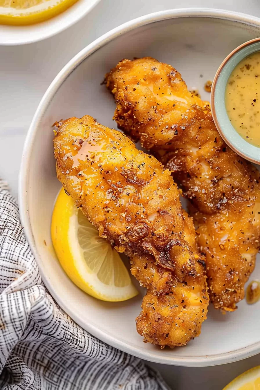 Crispy fried chicken tenders drizzled with a lemon pepper glaze, served with dipping sauce and fresh lemon slices.