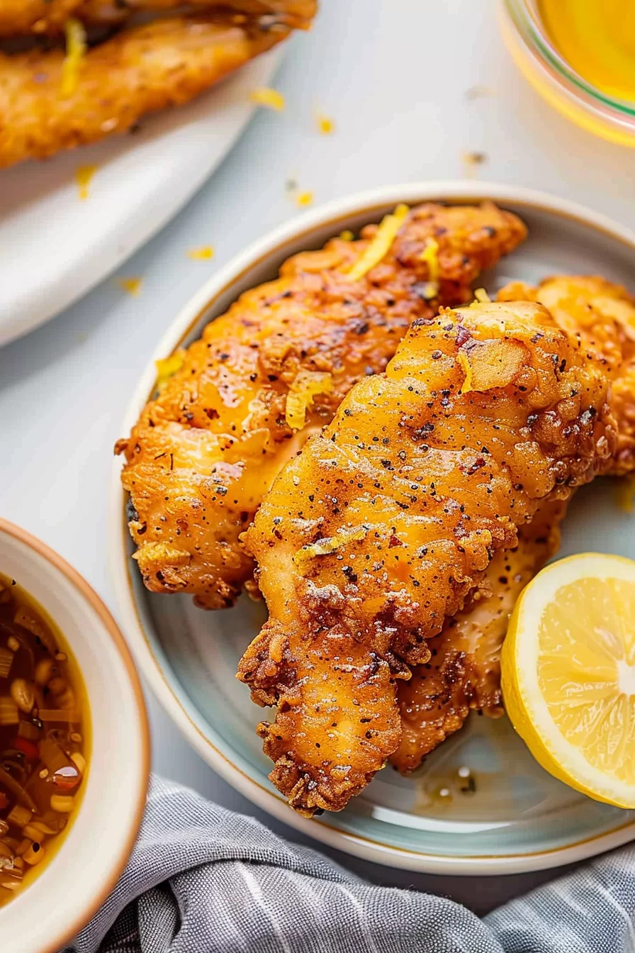 Golden-brown chicken tenders coated in lemon pepper seasoning, garnished with lemon zest for extra brightness.