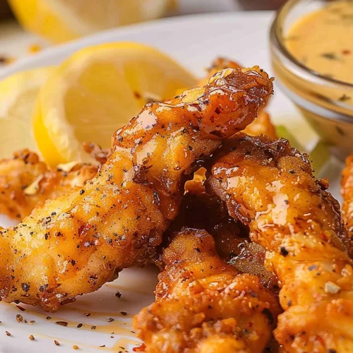 Lemon pepper chicken tenders with a crunchy coating, sprinkled with black pepper and lemon zest for a zesty finish.