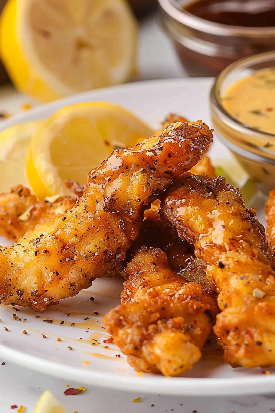 Lemon pepper chicken tenders with a crunchy coating, sprinkled with black pepper and lemon zest for a zesty finish.