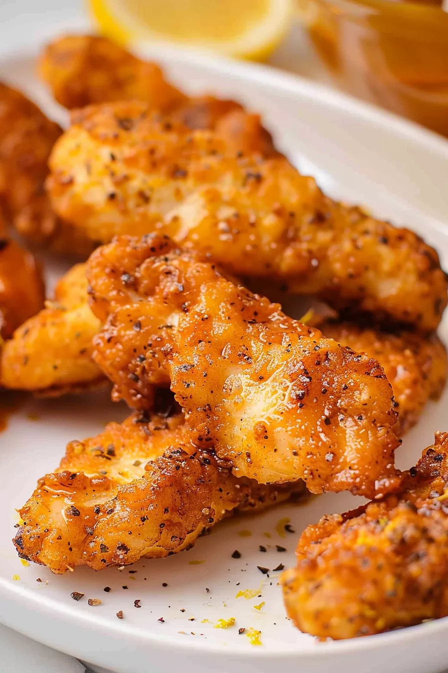 Perfectly fried chicken tenders with a golden crust, seasoned with lemon and pepper, presented on a serving platter.