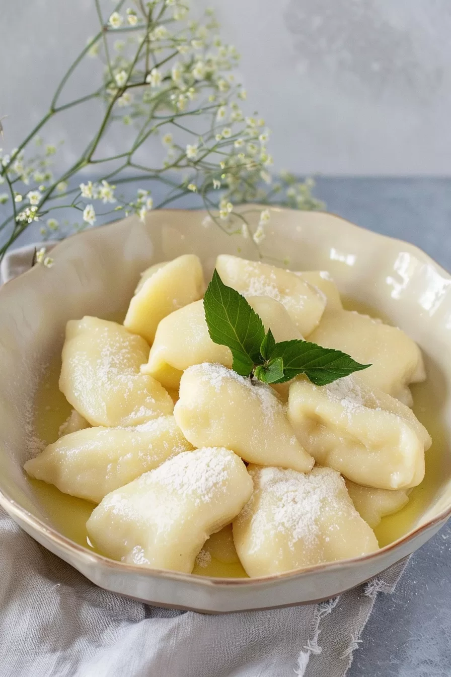 Soft, pillowy dumplings served with melted butter and a sprig of mint for garnish.