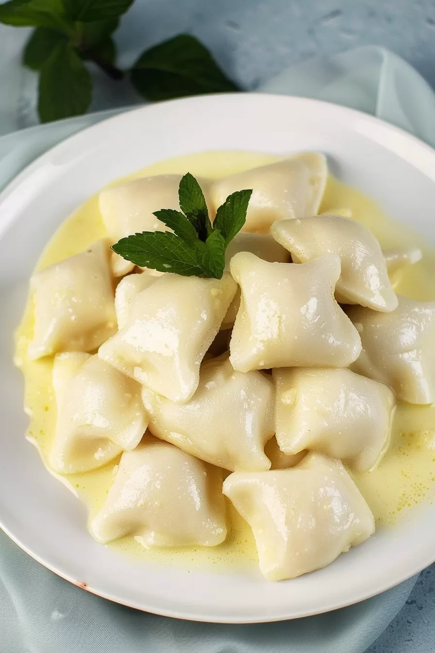 Tender cheese dumplings served with a drizzle of butter and a decorative mint sprig.