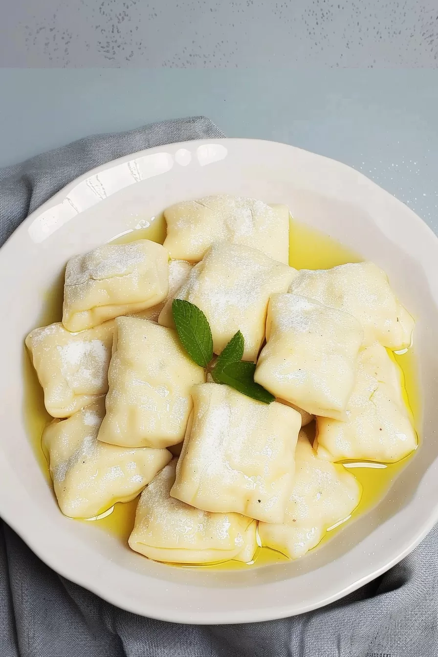 Traditional homemade dumplings resting in a bowl with a rich butter sauce and powdered sugar sprinkle.