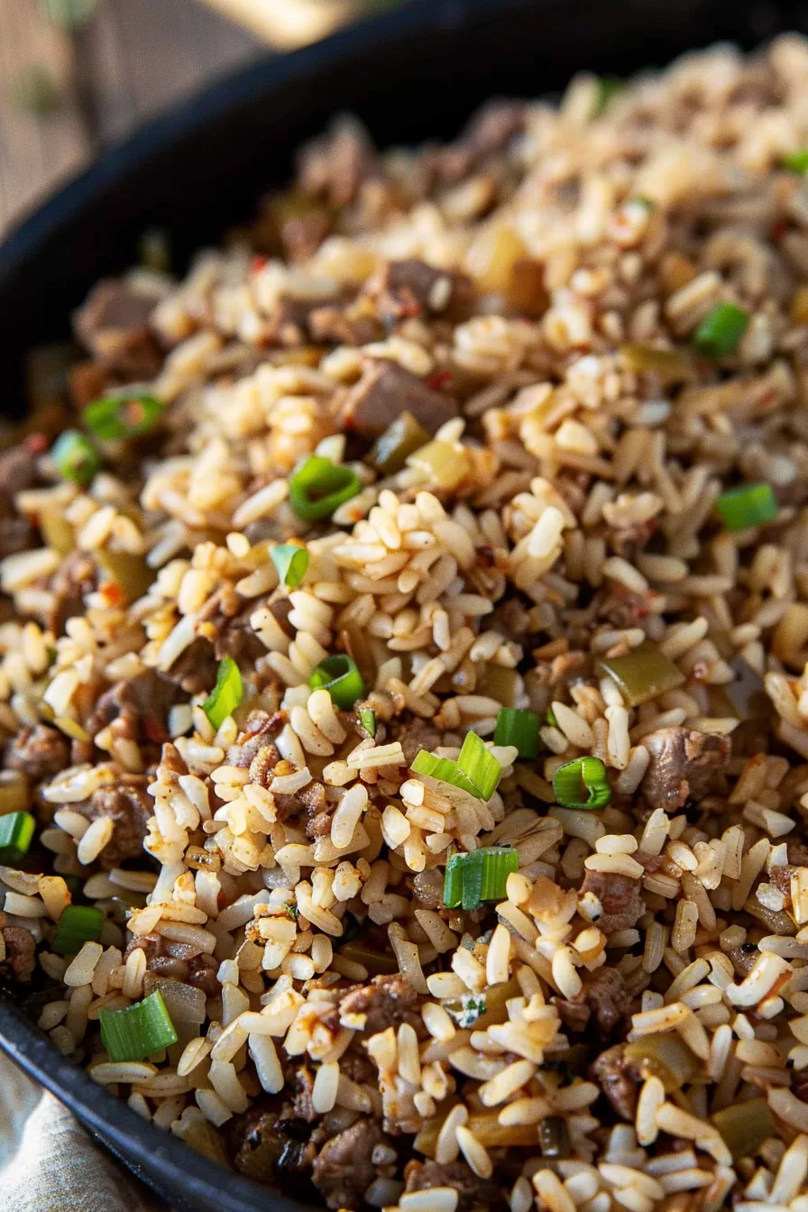 A close-up view of a skillet filled with flavorful Louisiana Dirty Rice garnished with fresh green onions.