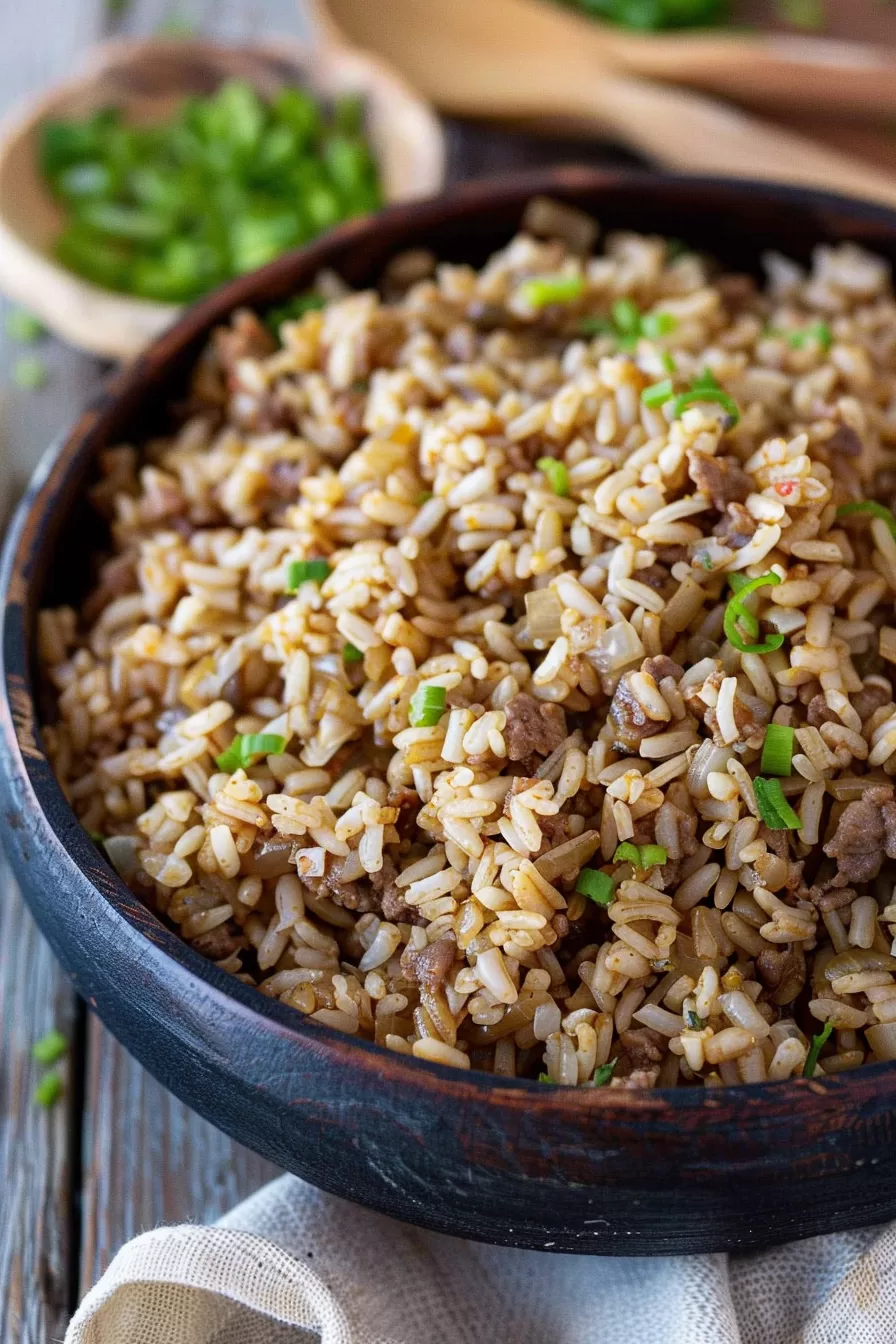 A wooden bowl brimming with seasoned Louisiana Dirty Rice, showcasing its rich colors and hearty texture.