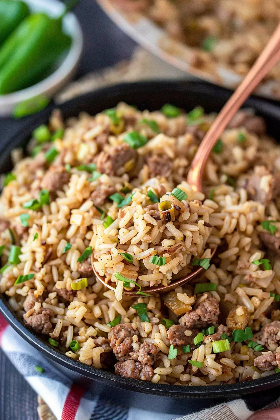 A spoonful of savory Louisiana Dirty Rice being served from a cast-iron skillet, highlighting its rustic presentation.