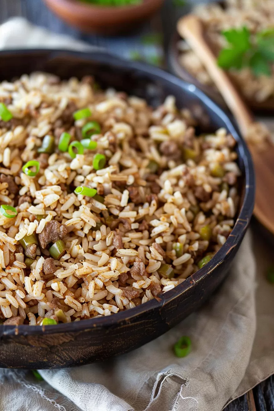 Louisiana Dirty Rice served in a rustic black bowl with fresh green onions sprinkled on top for garnish.