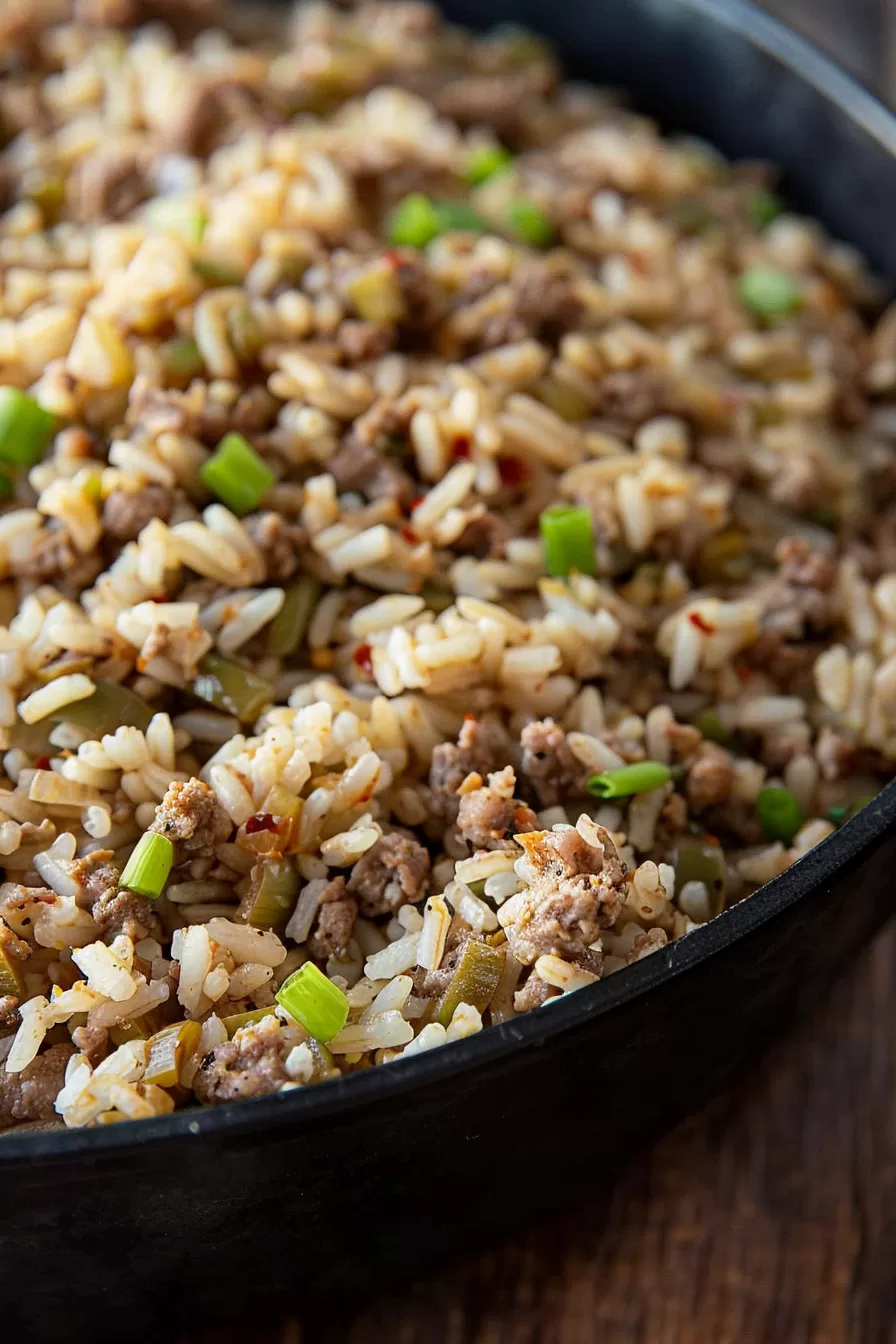 A skillet of perfectly cooked Louisiana Dirty Rice, featuring bold spices and vibrant green onion accents.