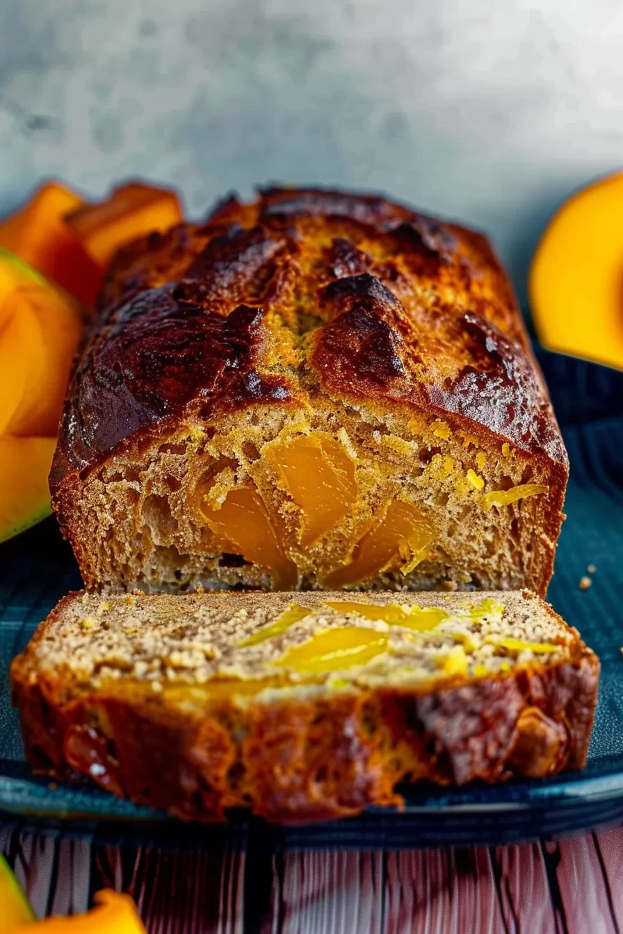 A freshly baked loaf of mango bread with golden brown crust and chunks of ripe mango visible inside, served on a blue plate.