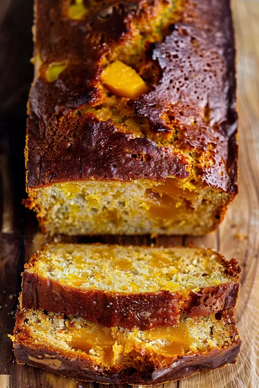 A rustic wooden board holding a partially sliced mango bread loaf with caramelized edges and fresh mango chunks peeking through the crumb.