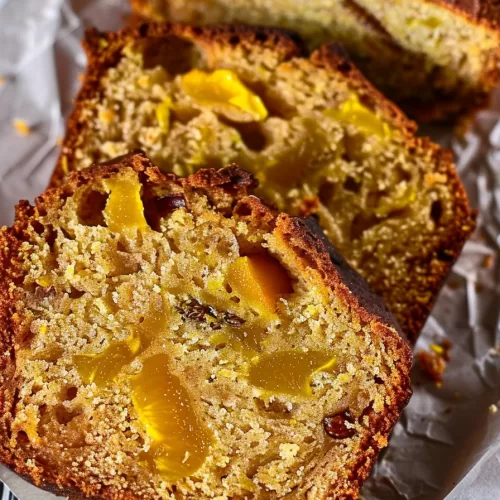 Close-up shot of sliced mango bread showcasing the soft, moist texture and bright yellow mango pieces throughout the loaf.